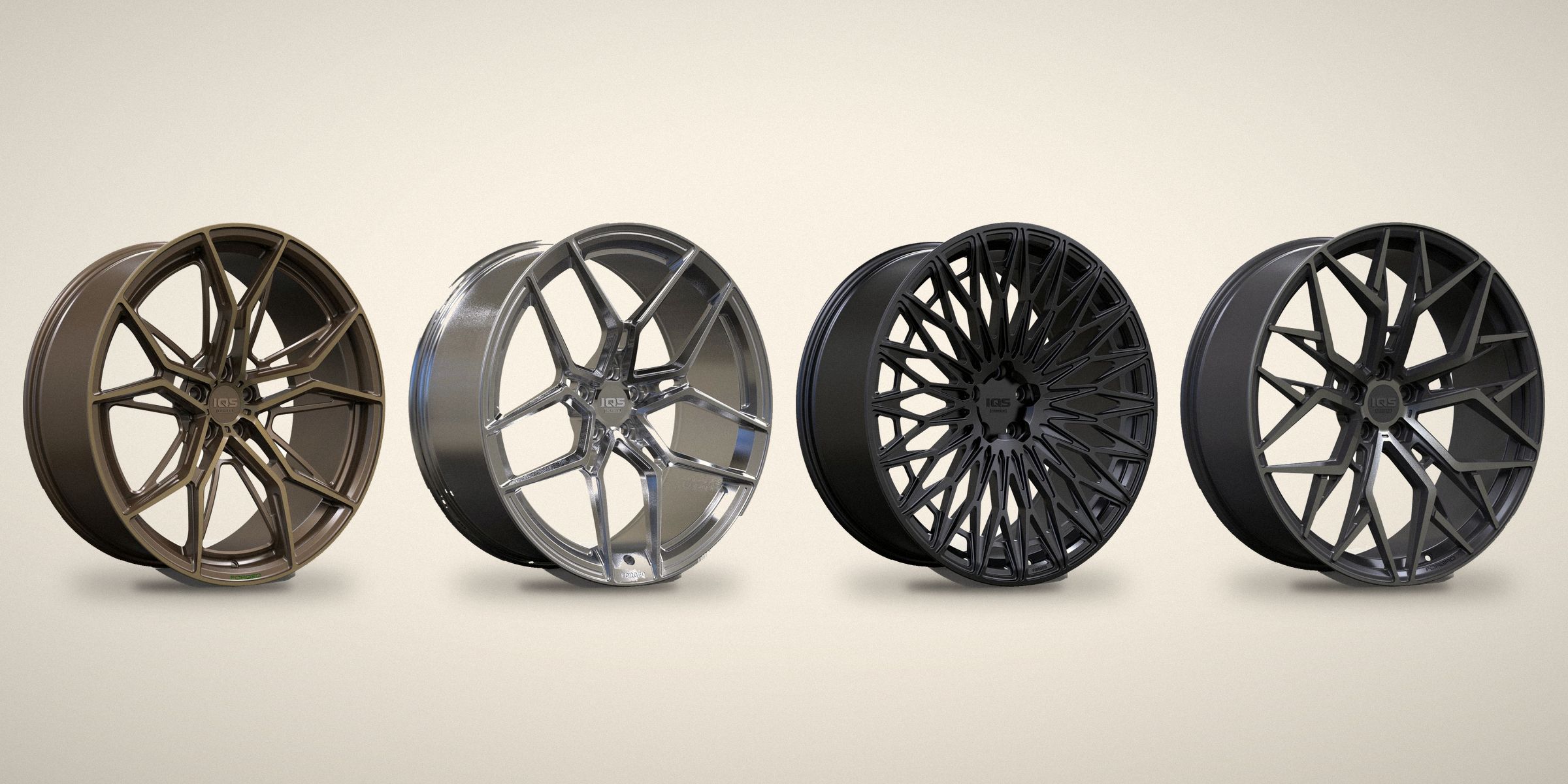 Four IQS forged wheel designs in bronze, polished and black finishes